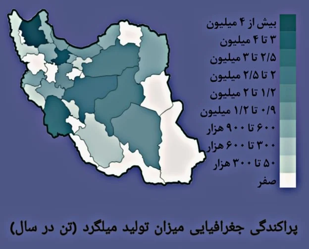 پراکندگی جغرافیایی تولید میلگرد را به تفکیک هر استان در تصویر می توانید مشاهده کنید.
